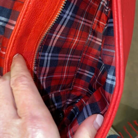 Miche Red Leather Chain Link Cross Body Shoulder Bag Purse Women’s Plaid Lining - Picture 9 of 10